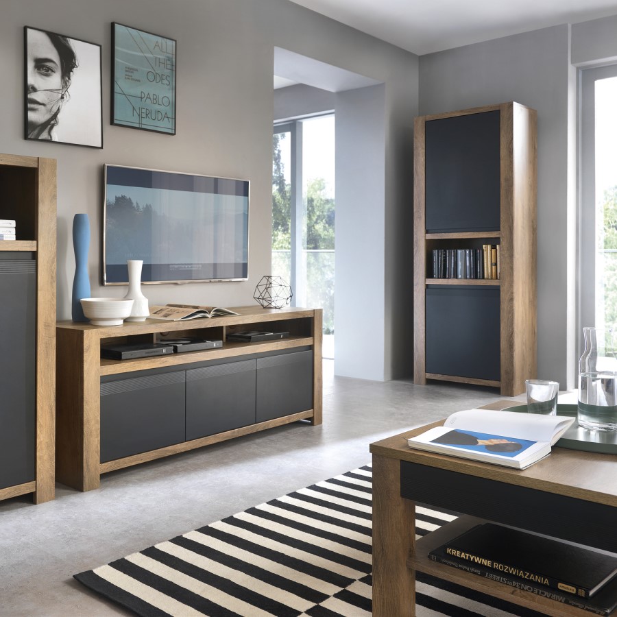 Havana 2 Door Tall Display Cabinet in Black and Oak Effect