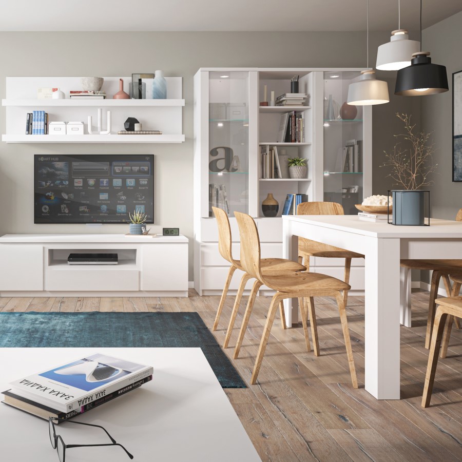 Matte White Display Unit with 4 Shelves and 3 Drawers - Fribo