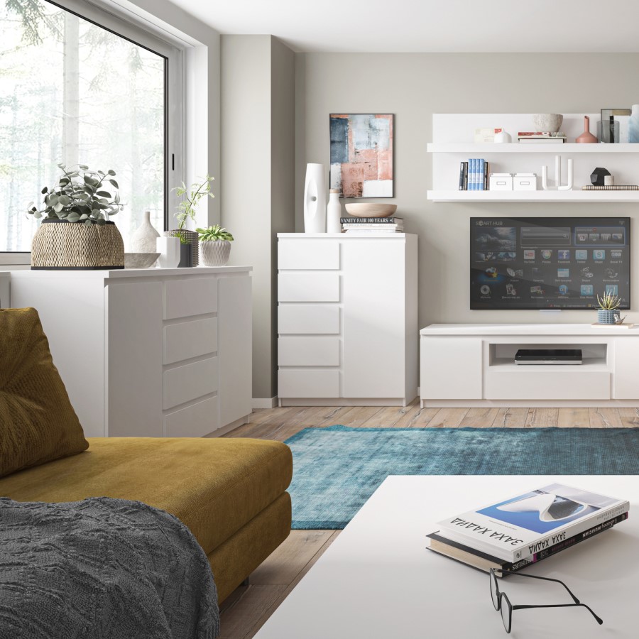 Fribo 2 Door 4 Drawer Wide Sideboard in White High Gloss