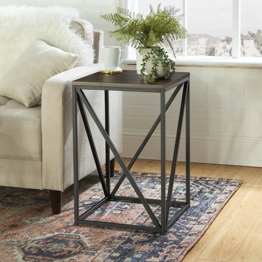 Modern Geometric Square Side Table in Dark Walnut Effect