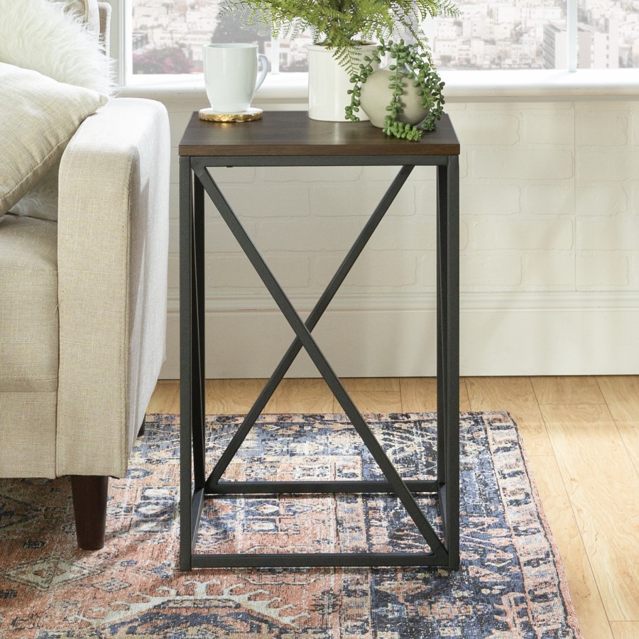 Modern Geometric Square Side Table in Dark Walnut Effect