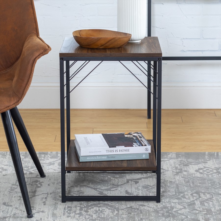 16" Industrial Metal Accent Side Table - Dark Walnut