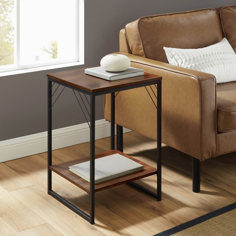 16" Industrial Metal Accent Side Table - Dark Walnut