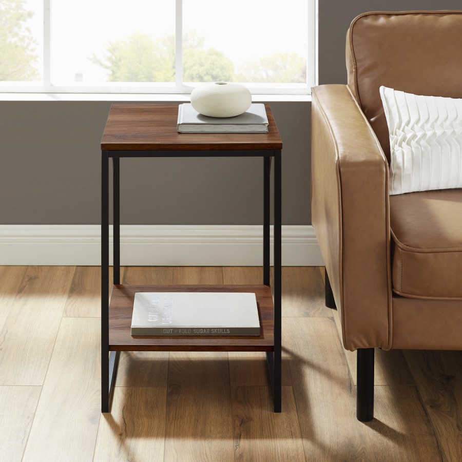 16" Industrial Metal Accent Side Table - Dark Walnut
