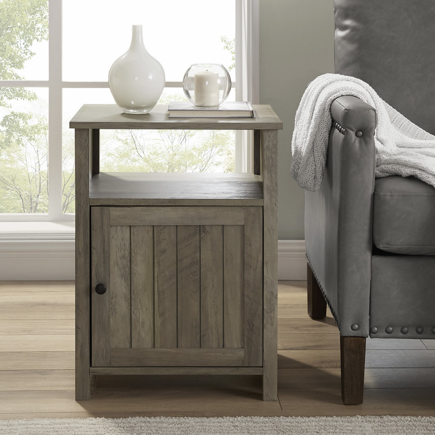 Grooved Door Side Table Grey Wash Furniture123