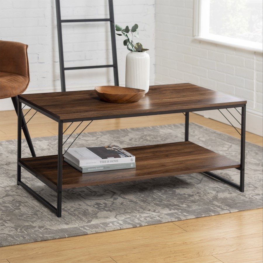 Industrial Metal Accent Coffee Table in Dark Walnut