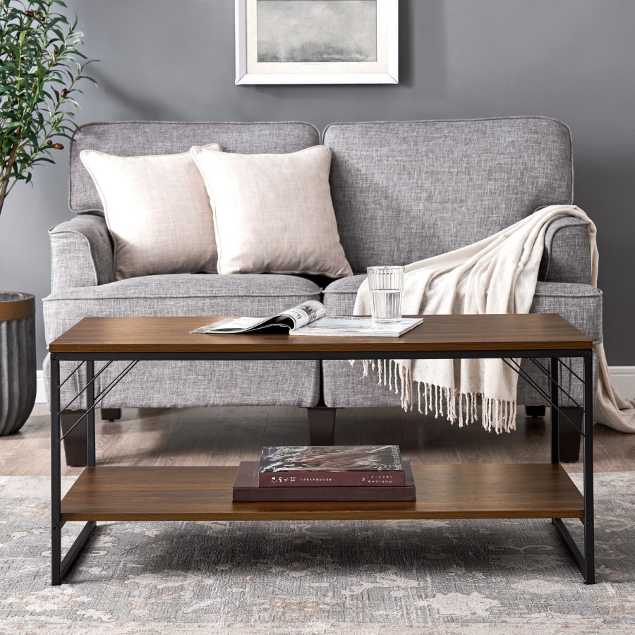 Industrial Metal Accent Coffee Table in Dark Walnut
