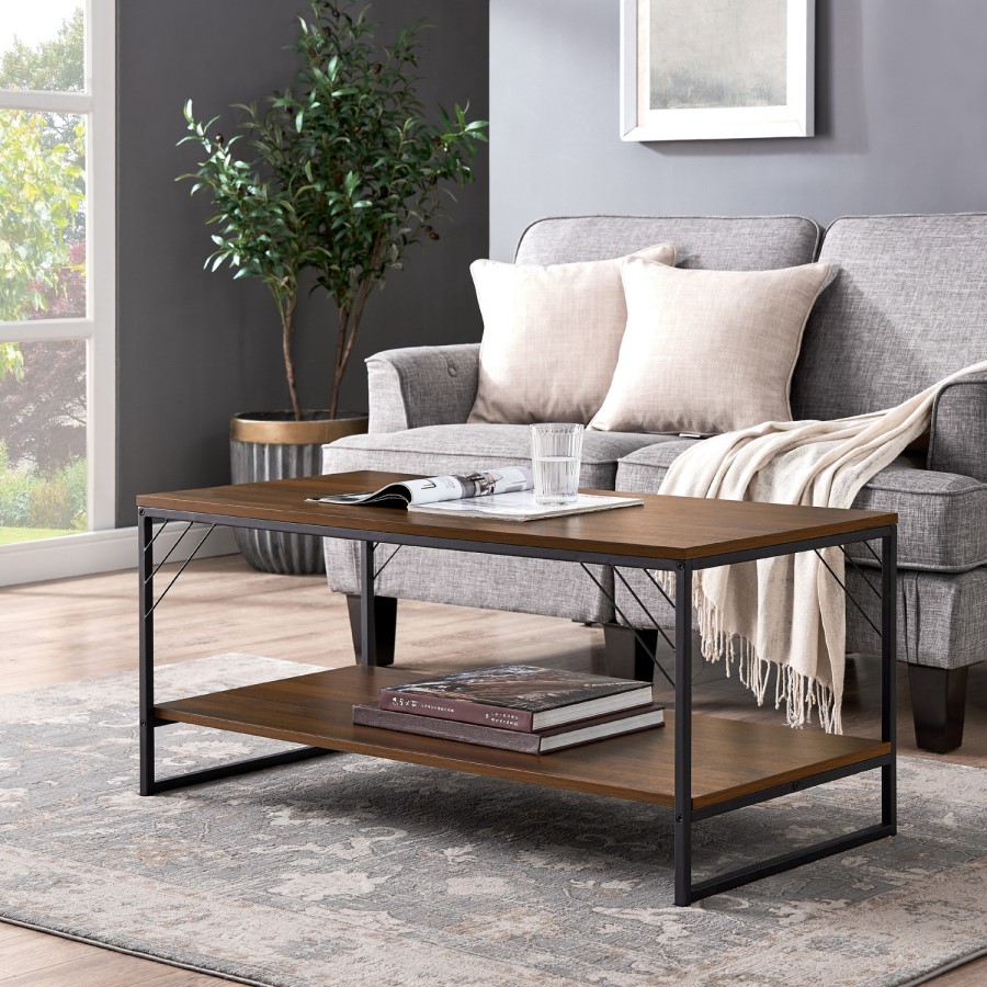 Industrial Metal Accent Coffee Table in Dark Walnut