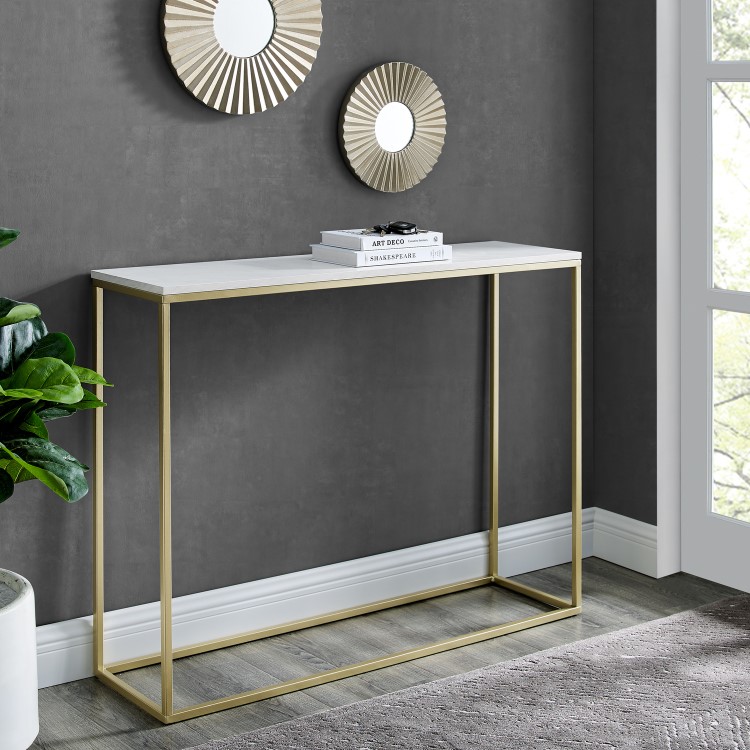 42" Open Box Entry Table - Faux White Marble/Gold