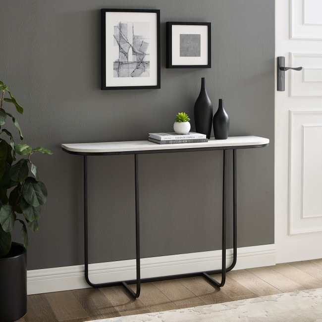 Narrow Curved Black Console Table with White Marble Effect Top