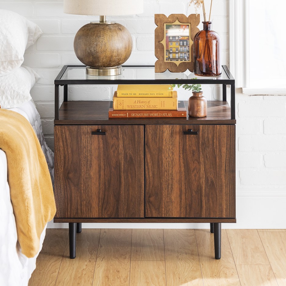Modern Glass Top 2Door Side Table Dark Walnut Furniture123