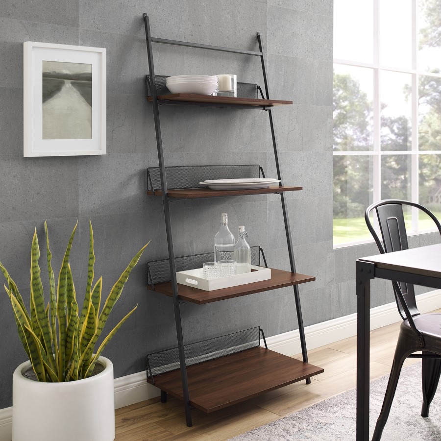 64" Industrial Metal & Wood Leaning Wall Shelf - Dark Walnut
