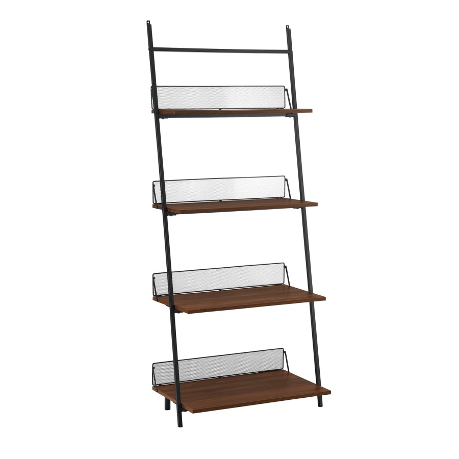 64" Industrial Metal & Wood Leaning Wall Shelf - Dark Walnut