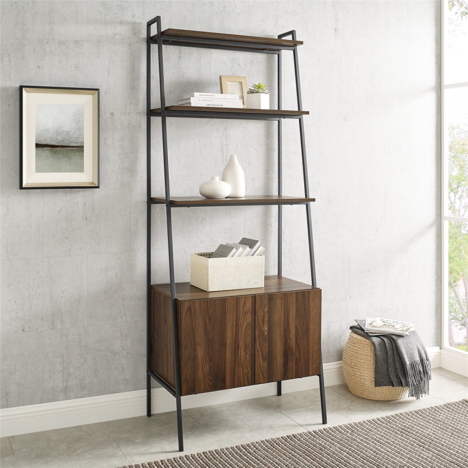 72" Industrial Wood Ladder Bookcase Dark Walnut Furniture123