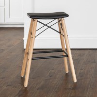 26" Mid Century Modern Faux Leather Solid Wood Metal Kitchen Counter Height Stool - Black