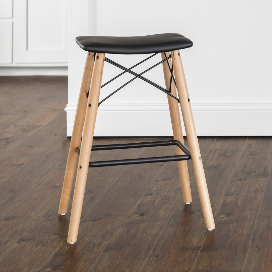 26" Mid Century Modern Faux Leather Solid Wood Metal Kitchen Counter Height Stool - Black