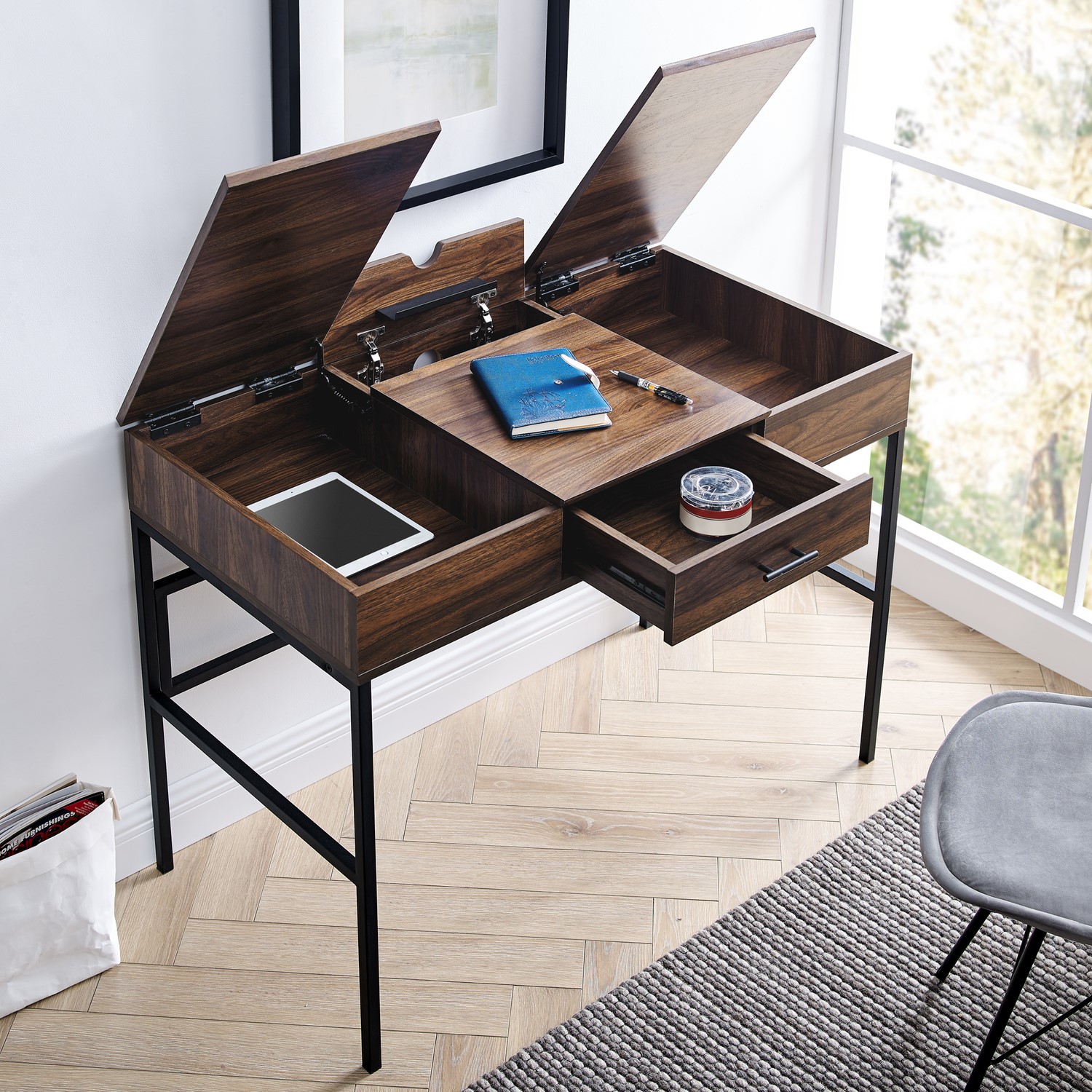 Storage Desk Table GRADE A1 - Lift Top Storage Desk with Tablet Holder - Dark Walnut ...