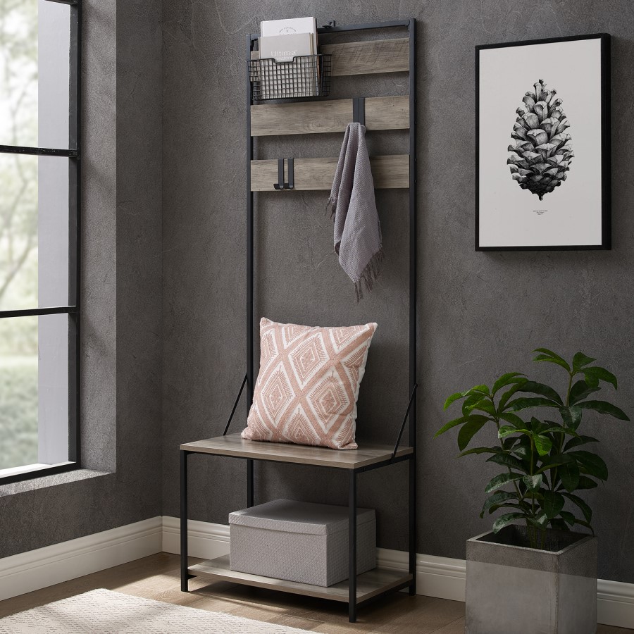 68" Slat Hall Tree with Adjustable Storage - Grey Wash