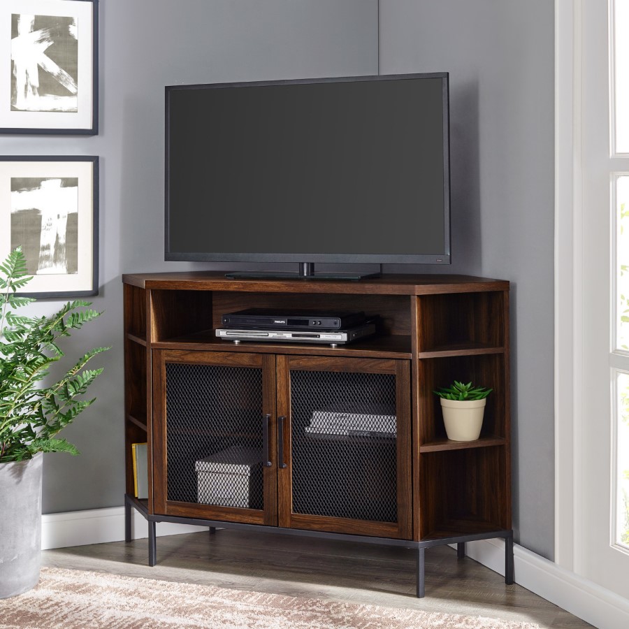 Industrial Mesh Door Corner TV Unit - Dark Walnut