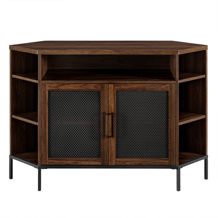 Industrial Mesh Door Corner TV Unit - Dark Walnut