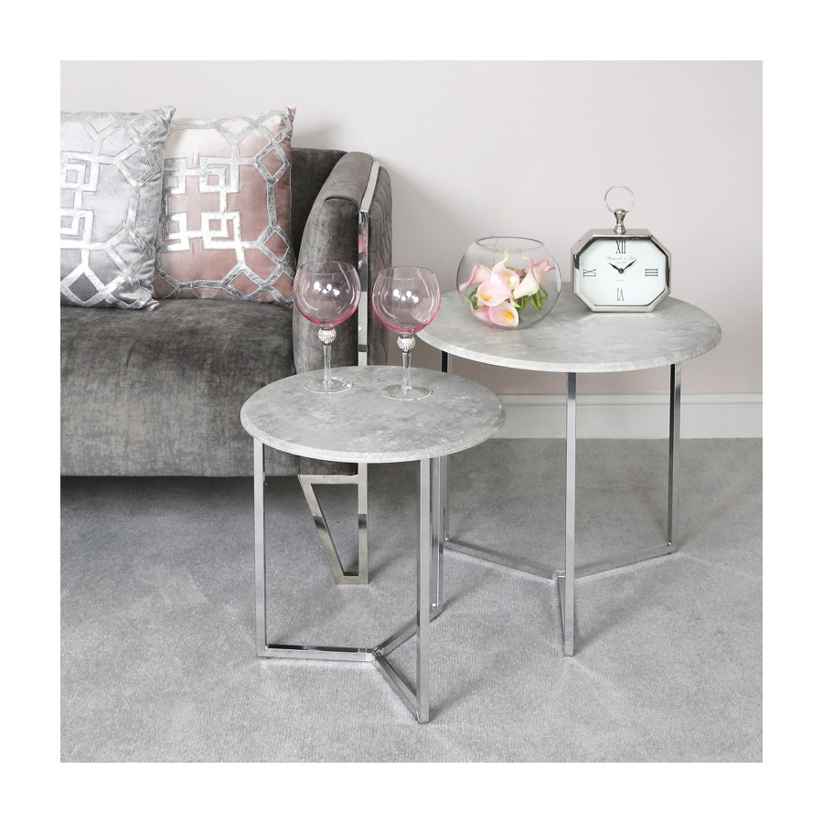 Round Grey Marble Effect  Nest of 2 Tables - Castello