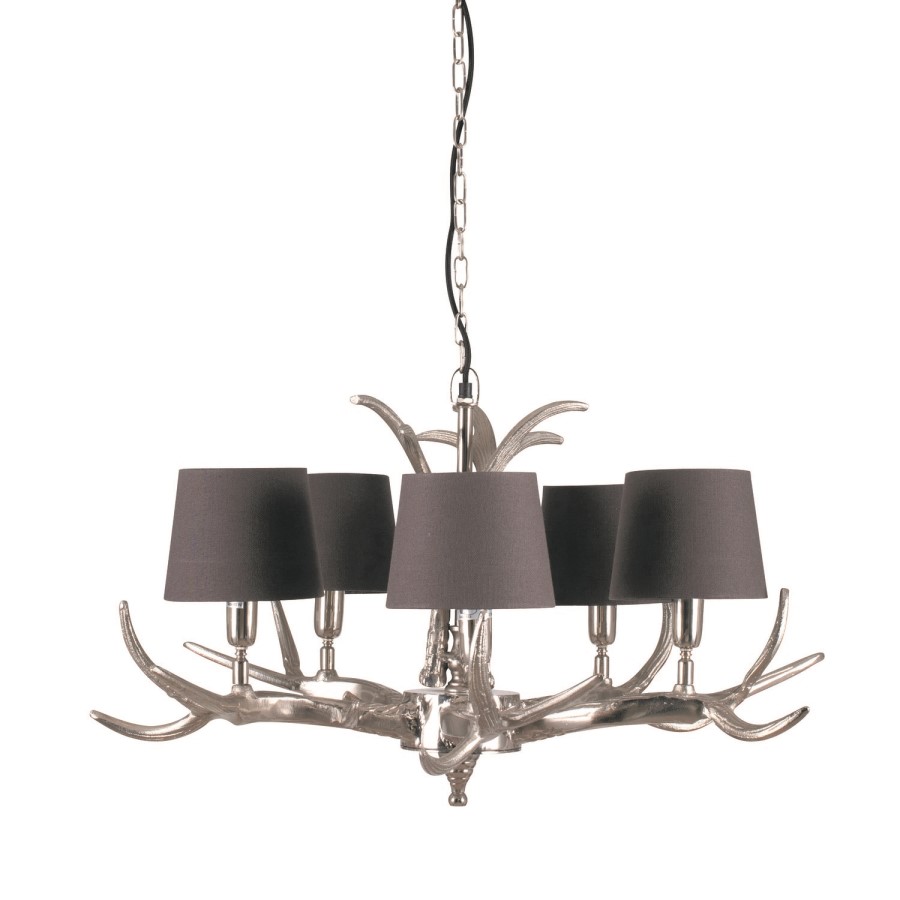 Antique Silver Metal Five Arm Antler Chandelier