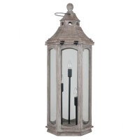 Antique Wood Grey Floor Lamp Lantern with Glass Windows