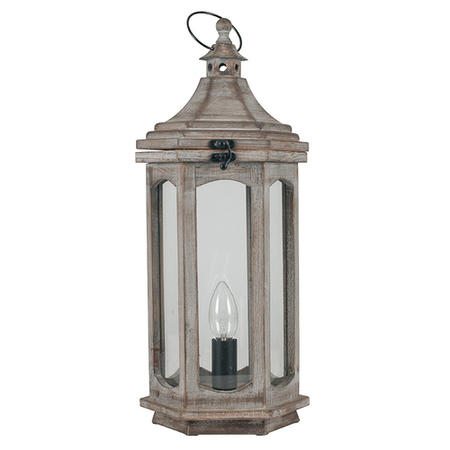 Grey Wood Lantern Table Lamp with Glass Windows