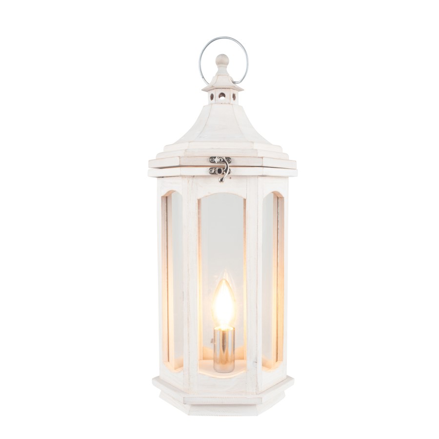 White Washed Wood Lantern Table Lamp with Glass Windows