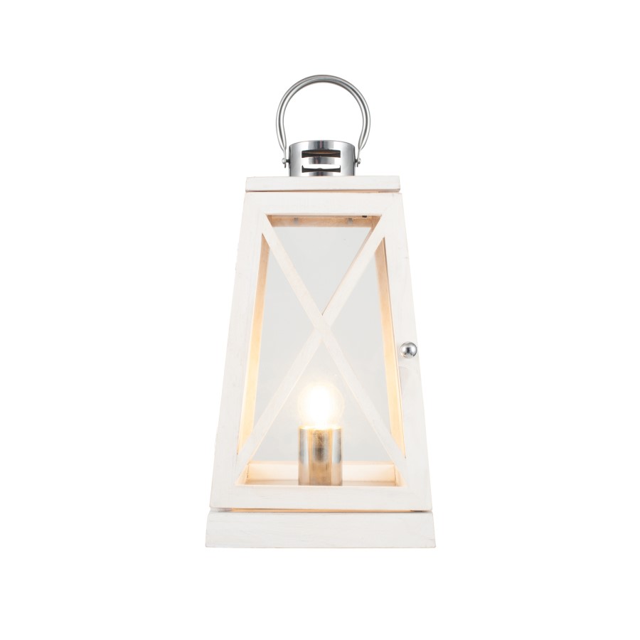 White Washed Wood and Chrome Lantern Table Lamp
