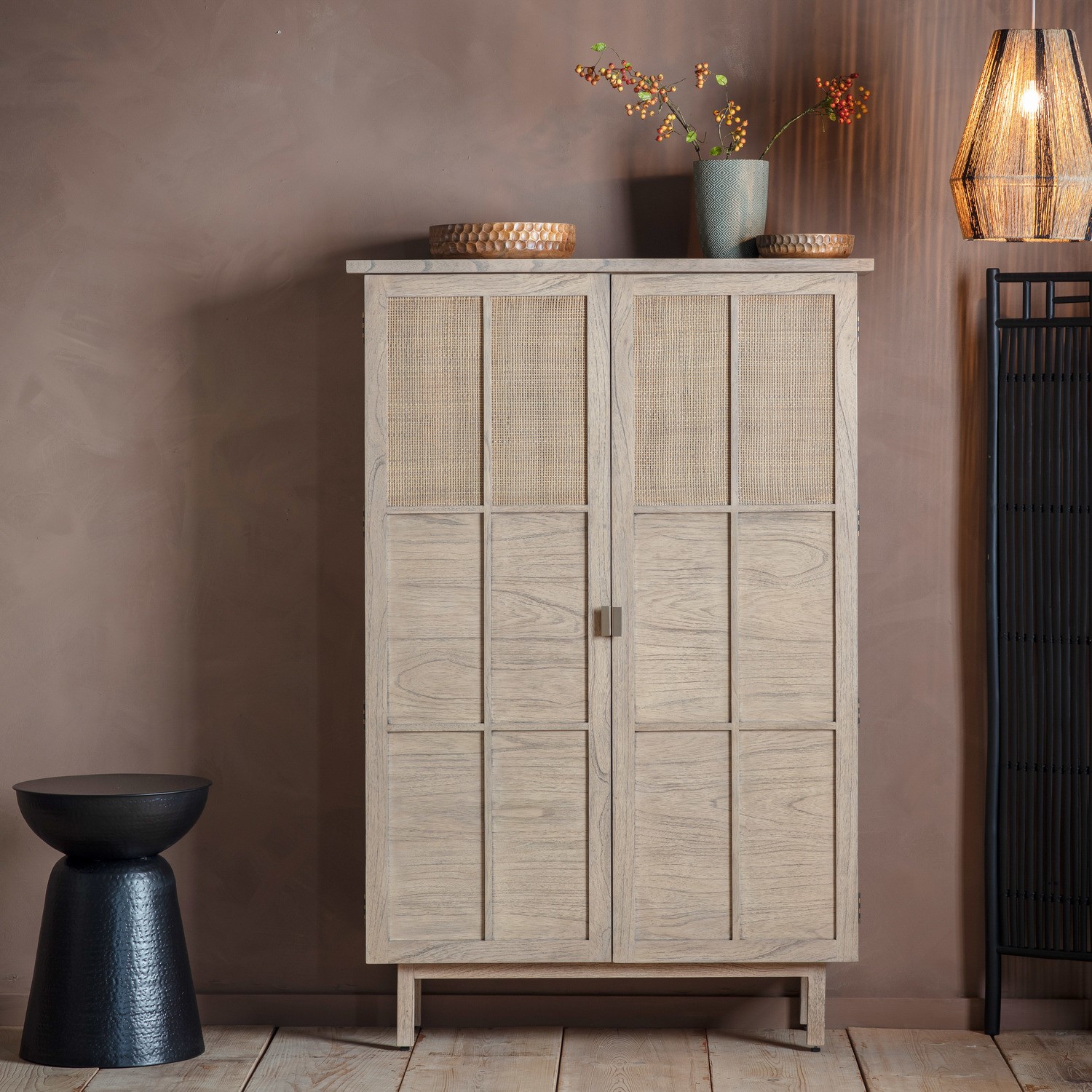 Large Oak Display Cabinet Rattan Detail Kyoto