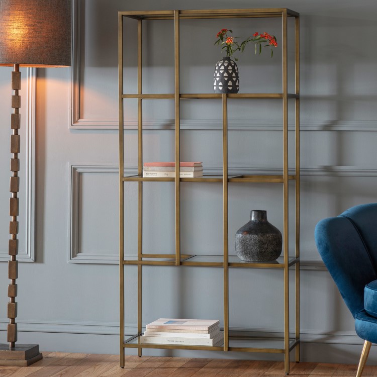 Tall Bronze Metal Bookcase with Storage Shelves - Raya - Caspian House