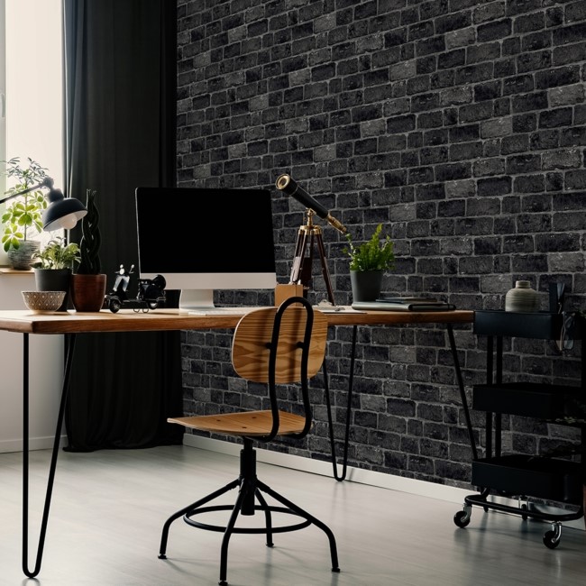 Dark Grey Brick Effect Wallpaper - Fresco