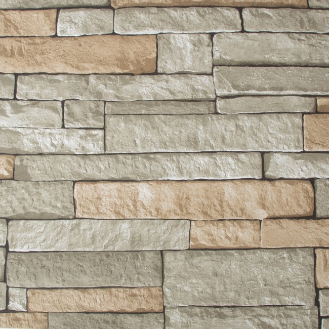 Brown & Grey Ledge Stone Effect Wallpaper - Contour