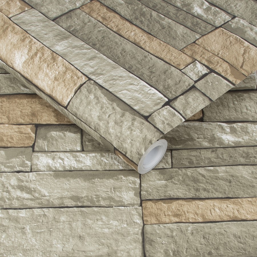 Brown & Grey Ledge Stone Effect Wallpaper - Contour