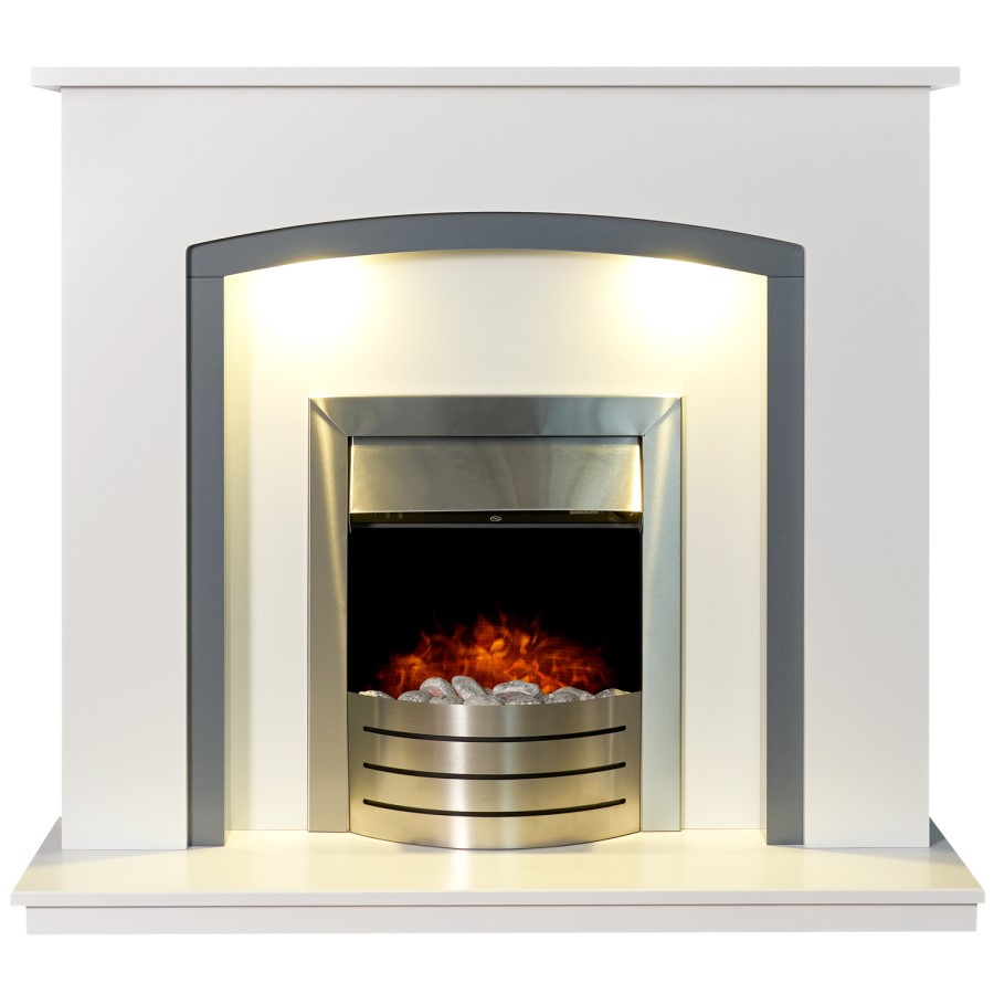 Adam in White & Grey with Comet Electric Fire in Brushed Steel 48" - Savanna