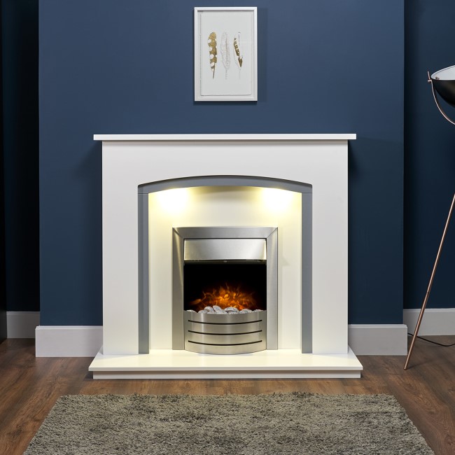 Adam in White & Grey with Comet Electric Fire in Brushed Steel 48" - Savanna