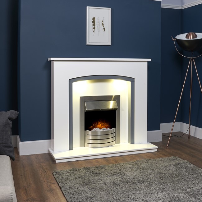 Adam in White & Grey with Comet Electric Fire in Brushed Steel 48" - Savanna