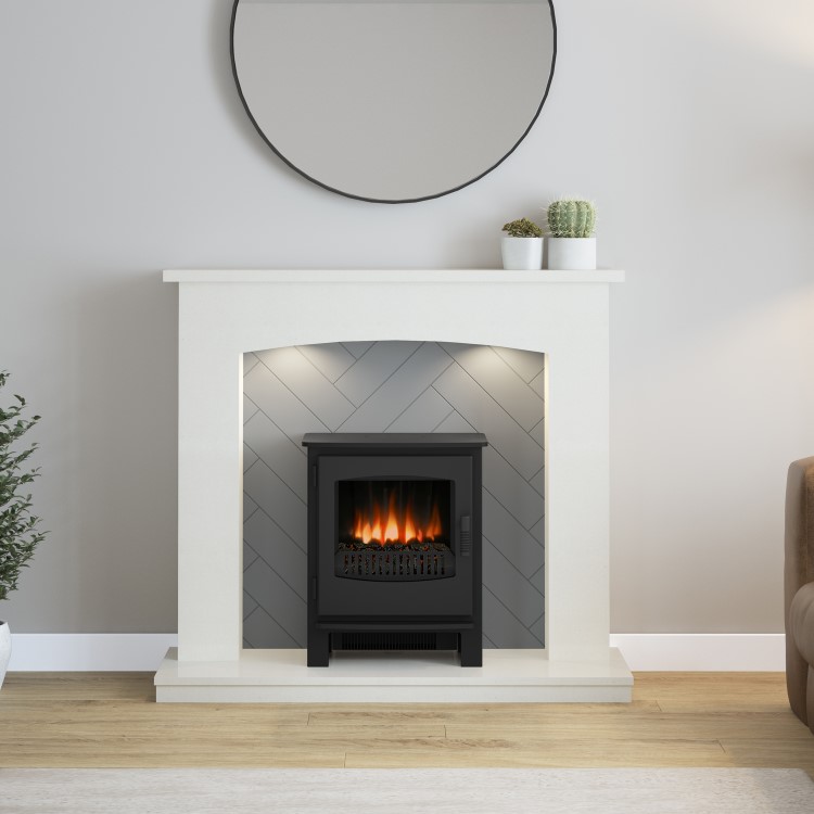 White and Grey Herringbone Electric Fireplace Suite with LED Lights - Be Modern