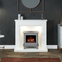 White and Grey Marble Electric Fireplace Suite with LED Lights - 46 Inch - Be Modern Millgate