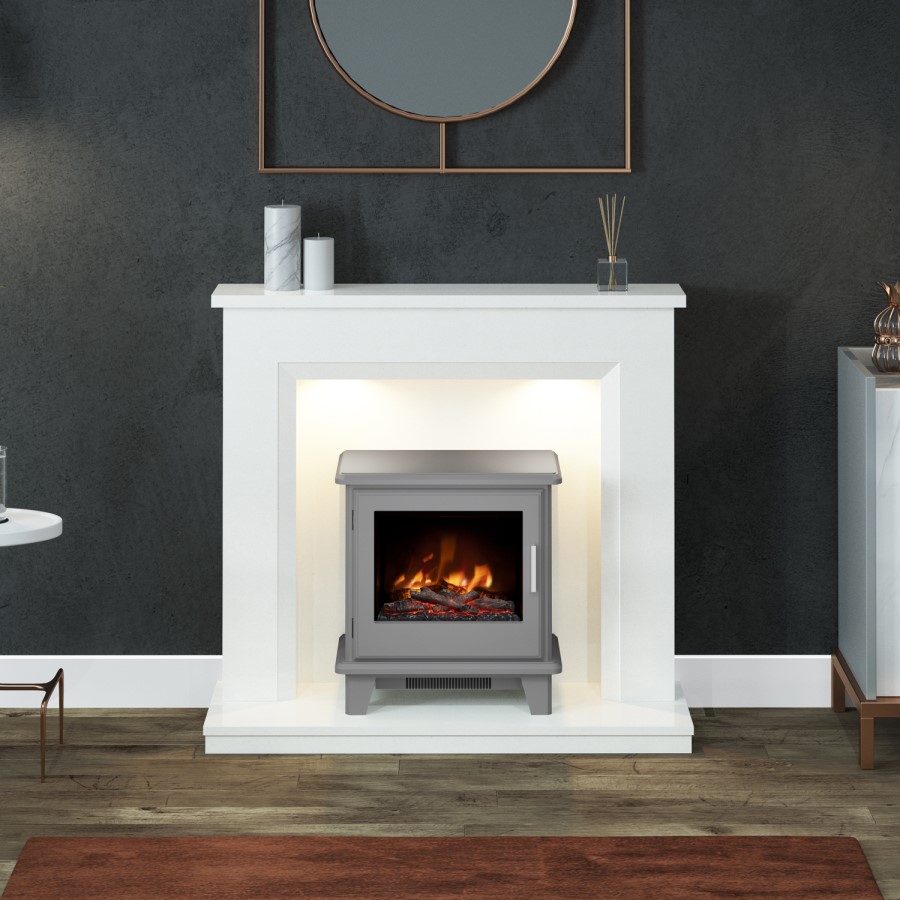 White and Grey Marble Electric Fireplace Suite with LED Lights - 46 Inch - Be Modern Millgate