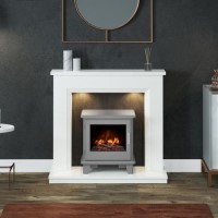 White and Grey Marble Electric Fireplace Suite with LED Lights - Be Modern Millgate