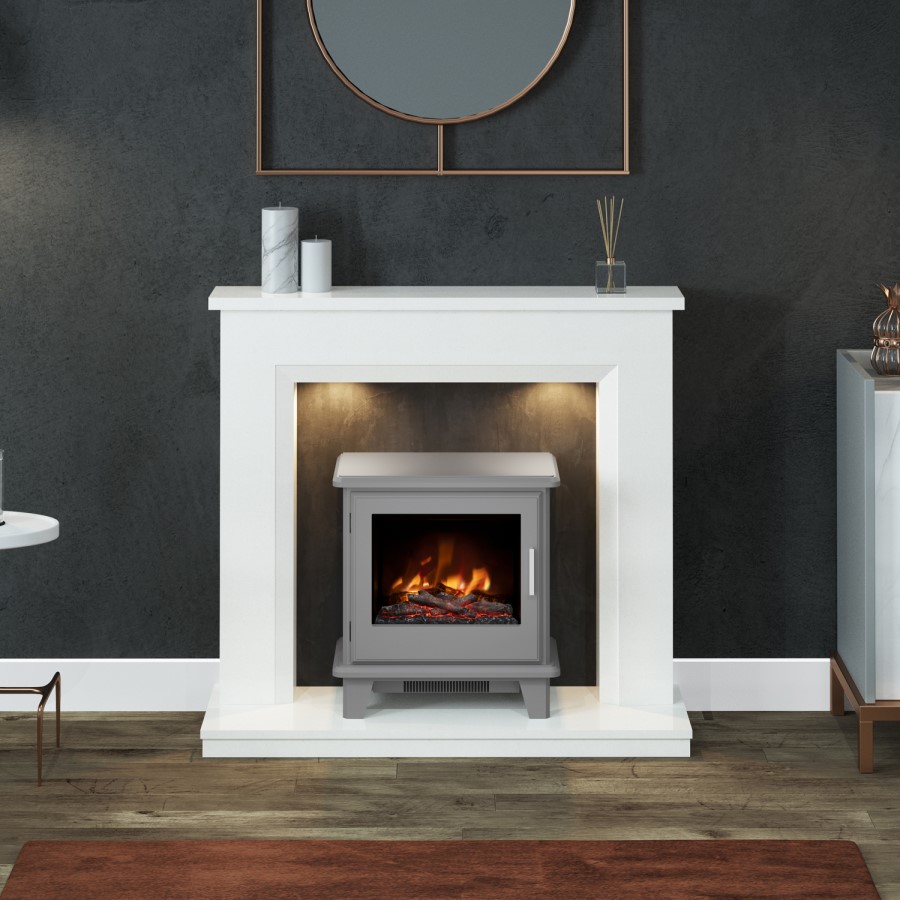 White and Grey Marble Electric Fireplace Suite with LED Lights - Be Modern Millgate