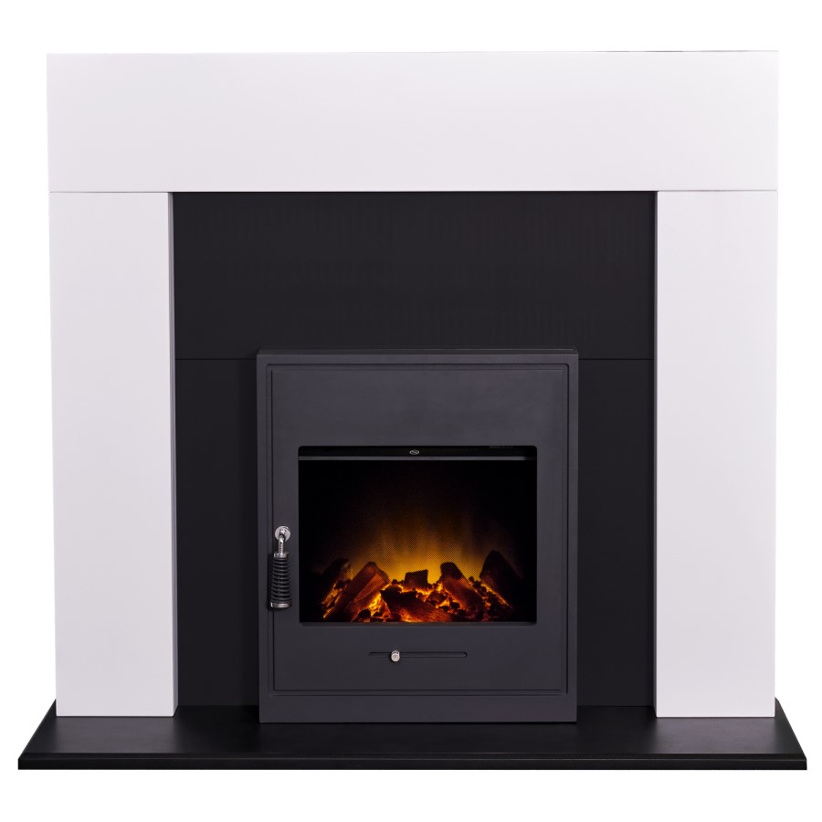 Miami Fireplace in Pure White & Black with Oslo Electric Inset Stove in Black 48 inch