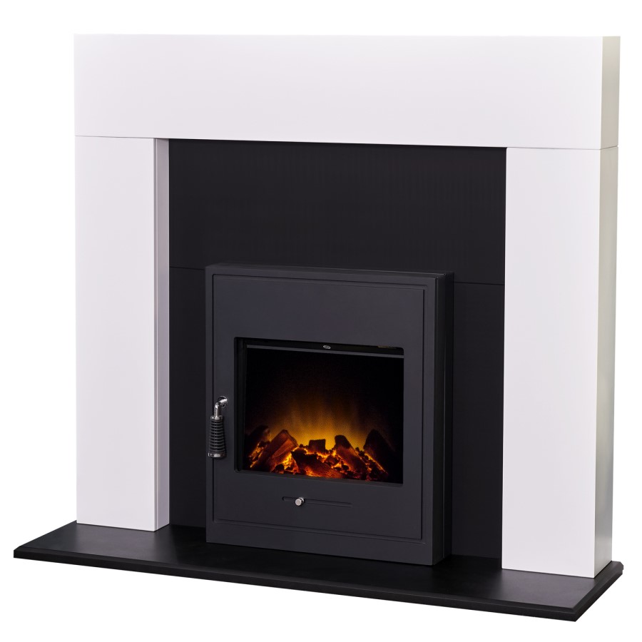 Miami Fireplace in Pure White & Black with Oslo Electric Inset Stove in Black 48 inch