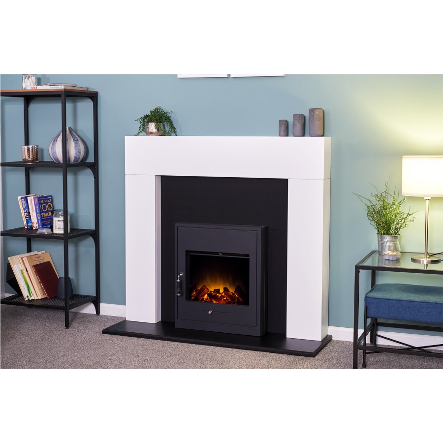 Miami Fireplace in Pure White & Black with Oslo Electric Inset Stove in Black 48 inch