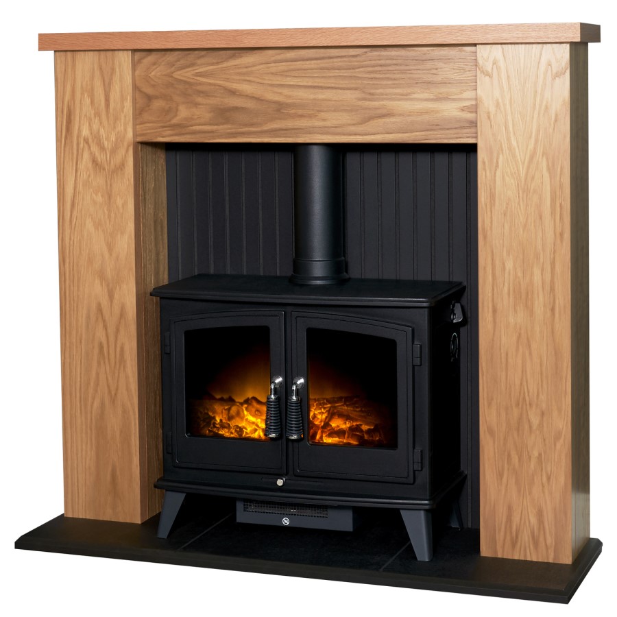 Adam Fireplace in Oak & Black with Woodhouse Electric Stove 48 inch - New England