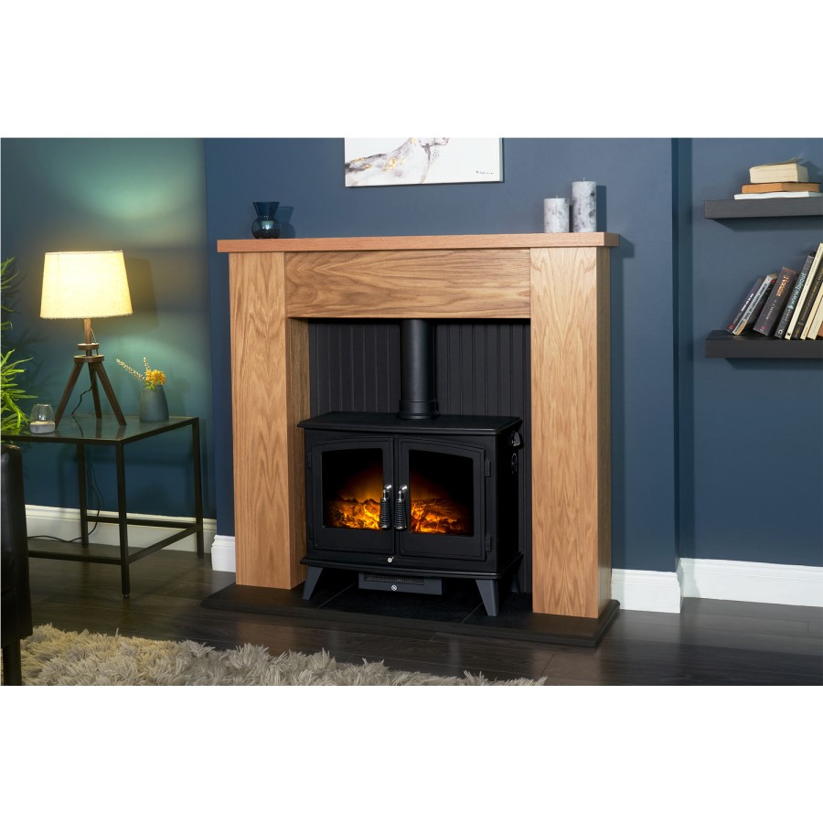Adam Fireplace in Oak & Black with Woodhouse Electric Stove 48 inch - New England