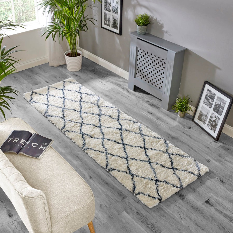 Scandi Berber Runner Rug in White and Blue - 80x240cm - Alto