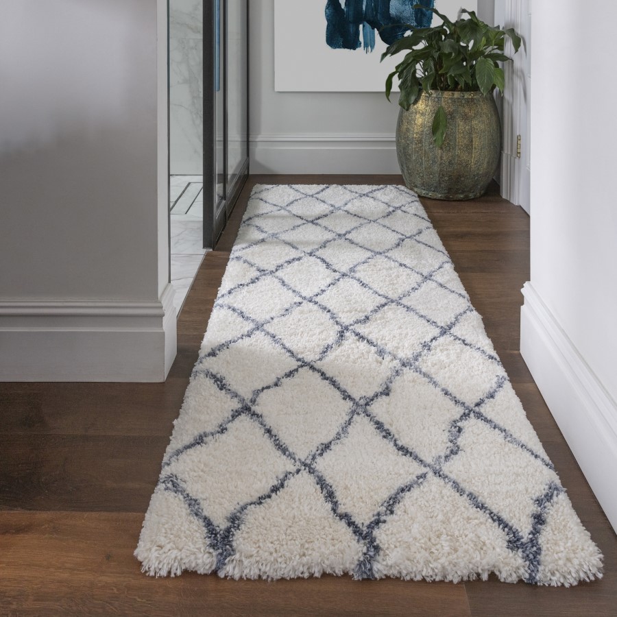 Scandi Berber Runner Rug in White and Blue - 80x240cm - Alto